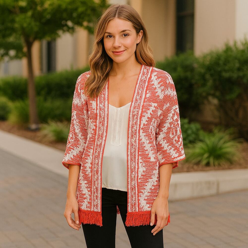 Red White Tribal Print Fringe Open Cardigan Boho Knit Sweater 3/4 Sleeve